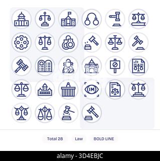 Unterstützt plattformübergreifendes Design mit 28 Bold Line Symbolen, die an das Gesetz gebunden sind, konsistent und flexibel. Stock Vektor