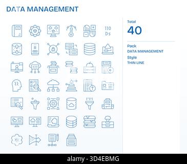Ein zukunftsweisendes Paket mit 40 Thin Line Symbolen für die Datenverwaltung, skalierbar und einfach zu verwalten. Stock Vektor