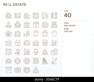 Ein vielseitiges Icon-Toolkit mit 40 Thin Line-Assets im Immobilienbereich, das wiederverwendet werden kann. Stock Vektor