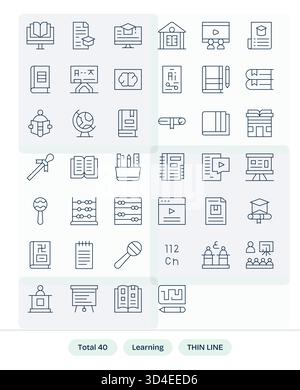 Diese vielseitige Bibliothek bietet 40 dünne Linien-Symbole für das Lernen, ideal für UI-Kits. Stock Vektor