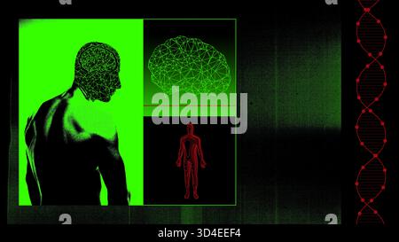 Cyber-Collage. Menschliche Silhouette mit digitalem Hirnnetzwerk und DNA-Helix in Neongrün und Rot. Stockfoto