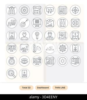 Eine sorgfältig gestaltete Suite von 32 Thin Line Symbolen im Dashboard, perfekt für moderne Apps. Stock Vektor
