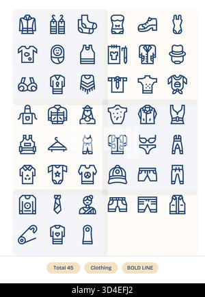 Verbessern Sie die Benutzerfreundlichkeit mit 45 Symbolen für fette Linien, die an Kleidung gebunden sind und für gestochen scharfes Rendering entwickelt wurden. Stock Vektor