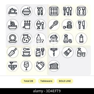 Verfeinern Sie die Produktdarstellung mit 28 Symbolen für Fettlinien, die von Tableware inspiriert sind, mit konsistenten Kennzahlen. Stock Vektor