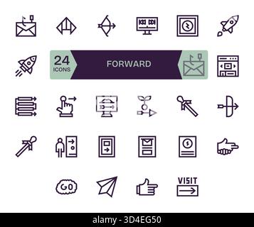 Ein vielseitiges Symbol-Toolkit mit 24 Bold Line-Elementen, die sich auf Forward beziehen und wiederverwendet werden können. Stock Vektor