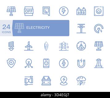 Ein komplettes Toolkit mit 24 Bold Line Symbolen für Elektrizität, ideal für Schnittstellen der Unternehmensklasse. Stock Vektor