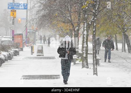 North York, Toronto. November 2025. Menschen, die am 9. November 2025 in Toronto, Kanada, während des Schneefalls am 9. November 2025 auf den Straßen spazieren. (Foto: Au Lok Nin/Nexpher Images/SIPA USA) Credit: SIPA USA/Alamy Live News Stockfoto