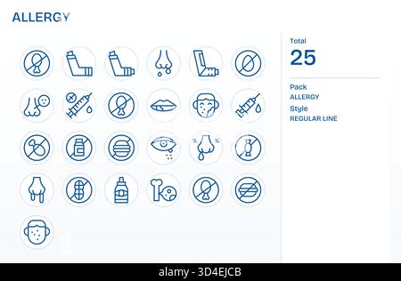 Ein übersichtlicher, anpassbarer Satz von 25 Symbolen für reguläre Linien, die Allergien interpretieren und einfach zu gestalten sind. Stock Vektor