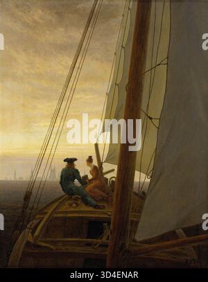 Auf dem Segelboot von Caspar David Friedrich zeigt zwei Figuren, die auf einem kleinen Segelboot sitzen und über ruhiges Wasser gleiten. Die heitere Szene fängt die ruhige Besinnung und spirituelle Tiefe ein, die für Friedrichs romantischen Stil typisch sind. Die Weite des Himmels und des Meeres symbolisiert die Introspektion und die menschliche Verbindung zur unendlichen Schönheit der Natur und ruft Frieden und Transzendenz hervor. Stockfoto