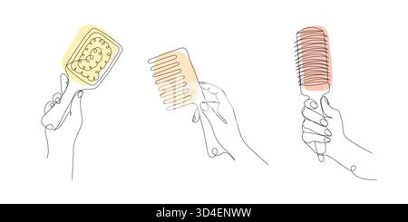 Handsatz, der die Haarbürsten und den Kamm hält. Minimalistische einzeilige Vektor-Illustration für Schönheit, Haarpflege, Salon, Mode Design Projekte. Stock Vektor
