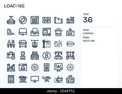 Steigern Sie die Konstruktionsgeschwindigkeit mit 36 Symbolen für die fette Linie, die die Last darstellen, organisiert und beschriftet. Stock Vektor