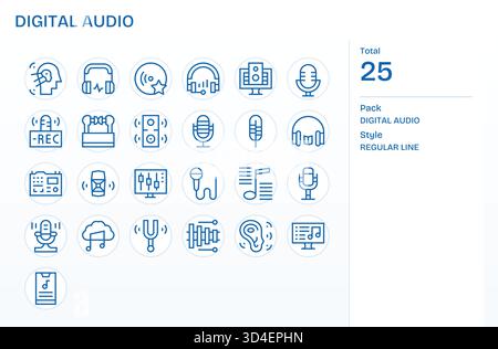 Ein umfangreiches Set von 25 Symbolen für normale Linien für digitales Audio, optimiert für konsistente Konturen und Formen. Stock Vektor