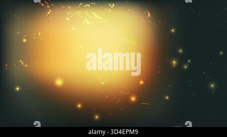 Abstrakter dunkler Hintergrund mit einem zentralen goldenen Lichtfleck, dezentem Bokeh und einer verstörten, grunge-Textur. Bearbeitbare Vektordarstellung. Stock Vektor