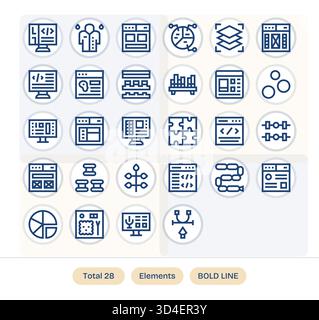 Verfeinern Sie die Produktdarstellung mit 28 Symbolen mit fettgedruckten Linien, die von Elementen inspiriert sind, mit konsistenten Kennzahlen. Stock Vektor