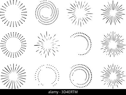 Kreative Vektorillustration von geometrischen Hand gezeichneten Sonnenstrahlen isoliert auf Hintergrund. Kunst Design lineare Sonnenwellen, strahlende Linien strahlende Sterne. Abst Stock Vektor