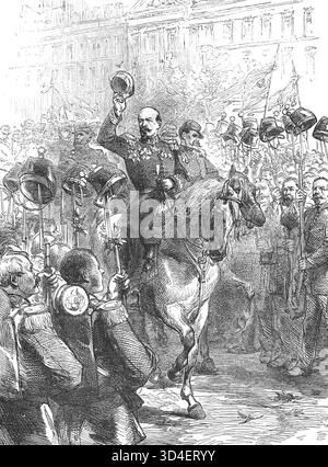 General Louis-Jules Trochu, Präsident der Regierung für nationale Verteidigung, überprüfte die Nationalgarde zu Beginn der Belagerung von Paris im September 1870 während des Deutsch-Französischen Krieges. Stockfoto