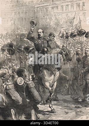 General Louis-Jules Trochu, Präsident der Regierung für nationale Verteidigung, überprüfte die Nationalgarde zu Beginn der Belagerung von Paris im September 1870 während des Deutsch-Französischen Krieges. Stockfoto