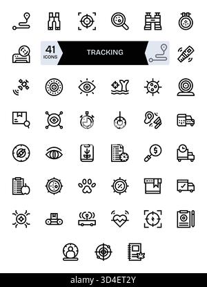 Kuratiertes Paket mit 41 Vektorsymbolen in Bold Line-Design, das sich um Tracking-Konzepte dreht. Stock Vektor