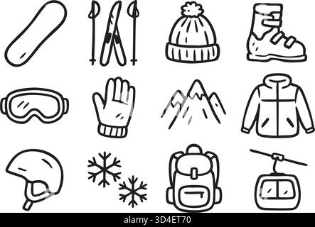 Set mit Kritzelsymbolen für den Wintersport. Vektor-Illustration Skigebiet Symbole, einschließlich Skier, Slalom, Snowboarder, Seilbahn, Ausrüstung. Bearbeitbare Konturen... Stock Vektor