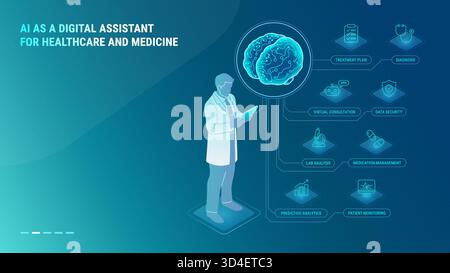 KI Digital Assistant for Healthcare and Medical Concept - Isometrie Technologie Vektor Infografiken - ein Arzt mit Tablet verbunden mit KI-betriebenen Assen Stock Vektor
