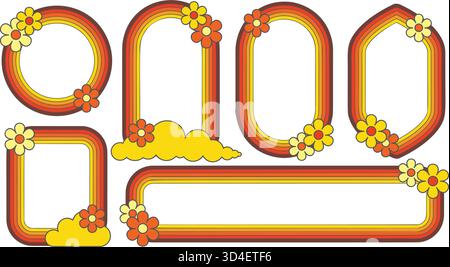 Groovige Retro-Rahmen mit Regenbogenmuster auf weißem Hintergrund. Funky Vektor psychedelische Borten mit Blumen dekoriert. Niedliches Psychedelikum Stock Vektor