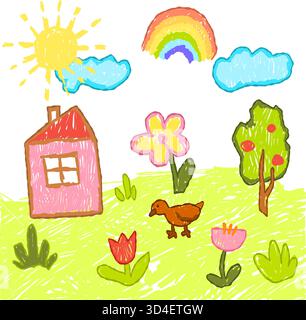 Farbenfroher handgezeichneter Buntstift mit Blumen, Wolken und Sternen für den Kindergarten Stock Vektor