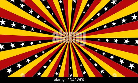 Lebendiges Starburst-Design mit kräftigen roten, gelben und schwarzen Streifen mit weißen Sternen Stock Vektor