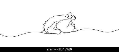 Truthahn oder Huhn eine Zeile Kunst, gebratenes Geflügelfleisch kontinuierliche Konturzeichnung, handgezeichnete Thanksgiving Day traditionelles Essen, heißes Gericht umreißen festliche de Stock Vektor