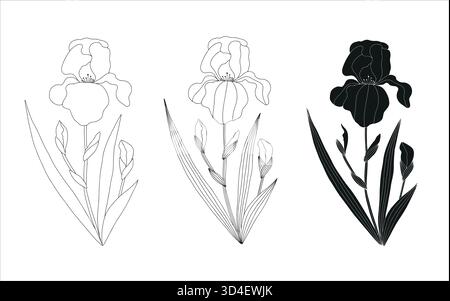 Nicht-AI Vektor Blume Set. Sammlung von Irisblüten, Blättern, Stämmen und Knospen isoliert auf weiß. Stock Vektor