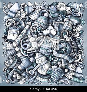 Skurriler Winter-Kritzelvektor mit Schneeflocken, warmer Kleidung, Bergen und saisonalen Elementen. Perfekt für Urlaub, saisonale Angebote, Verpackungen Stock Vektor