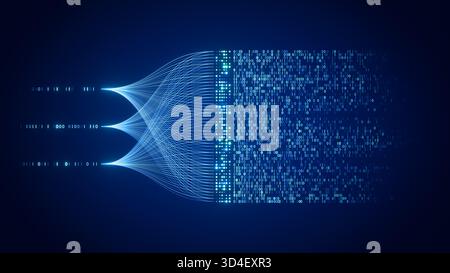 Künstliche Intelligenz Datenverarbeitung und maschinelles Lernen, digitales neuronales Netzwerk mit Binärcode und Datenflussvisualisierung auf blauem Rücken Stockfoto