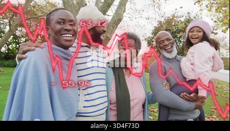 Stehende fünfköpfige Familie mit Strickmützen und Mänteln im Park, mit rotem Liniendiagramm Stockfoto