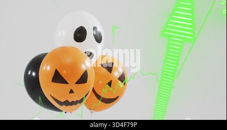 Schwimmende Gruppe von vier Halloween-Ballons, die im Studio herumtreiben, mit neongrünem Liniendiagramm Stockfoto
