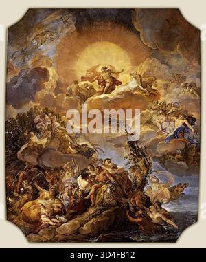 GIAQUINTO, Corrado (* 1703, Molfetta, d. 1766, Neapel) die Geburt der Sonne und der Triumph des Bacchus 1762-63 Fresco Palacio Real, Madrid das Thema dieses Freskos im Gewölbe des Säulensaals des Königspalastes in Madrid ist eine Anspielung auf König Karl III. In Form von Apollo als Sonnengottheit, da es die Sonne repräsentiert, bei deren Erscheinung alle Naturkräfte freudig und aniert werden. Apollo, der in seinem Wagen durch den Ring des Zodiac vorrückt, wird von den Stunden begleitet und von Aurora und dem Zephyr vorangetrieben. Senken Sie die Jahreszeiten und das Eleme ab Stockfoto