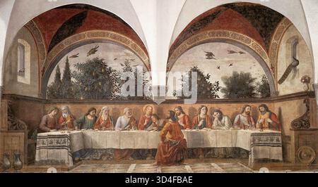 GHIRLANDAIO, Domenico (* 1449, Firenze, d. 1494, Firenze) Letztes Abendmahl 1480 Fresko, 400 x 880 cm Ognissanti, Florenz diese Version des Letzten Abendmahls, die im Refektorium des Klosters des Ognissanti ausgeführt wurde, wurde im selben Jahr wie der hl. Jerome in der Kirche hingerichtet. Es ist ein berühmtes Beispiel der toskanischen Tradition, das letzte Abendmahl in klösterlichen Refektorien darzustellen. Die Szene ist üppig und geprägt von lebendigen, animierten Linien, wie sein Stil, aber sie stützt sich auf die strukturelle Organisation, die für Andrea del Castagno charakteristisch war. Der Geist ist typisch für Ghirlandaio, der wie immer Stockfoto
