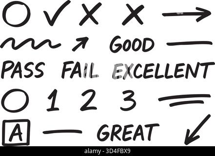 Handgeschriebene schwarze Markierungen Symbole Pfeile Häkchen Zahlen Wörter und Linien Sammlung zur Bewertung und Überprüfung Stock Vektor