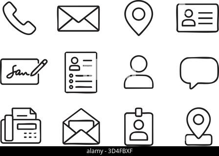 Symbole Für Absenderkontakt. Kontursymbole für Kontaktinformationen des Absenders: Telefonsymbol, E-Mail-Umschlag, Adressetikett, Profilkarte, Unterschriftenblock, Mailingliste, c Stock Vektor