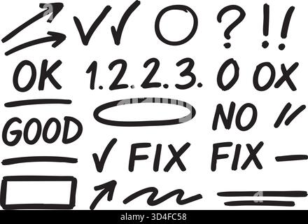 Handgeschriebene schwarze Markierungen Symbole Pfeile Häkchen Zahlen Wörter und Linien Sammlung zur Bewertung und Überprüfung Stock Vektor