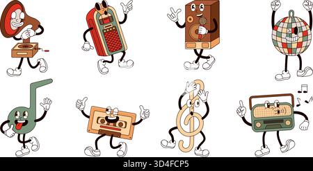 Musik für Retro-Charaktere. Groovige Sticker, verschiedene Emotionen, lustige Charaktere. Party-Musical-Maskottchen, Discoball, Radio, isoliertes neoterisches Vektorset Stock Vektor