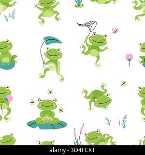 Nahtloses Strickmuster für Cartoon-Frösche. Grüner Frosch und Pflanzen, Lilienblume, Sumpfrohr. Kinder niedliche Tiere drucken für Tapeten, Verpackung, Stoff, Vektor Ba Stock Vektor