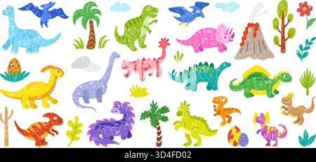 Handgezeichneter Dino. Dinosaurier, Zeichentrickfilme Dinos Kinder im Zeichenstil. Doodle Monster Charaktere, farbige Bleistiftvulkan, Palme, Eier, neoterische Vektoren Stock Vektor