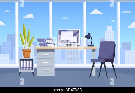 Innenraum des Büros. Individueller Arbeitsplatz im Coworking-Bereich mit Monitor, Computer, Schreibtisch und Papieren. Arbeitsbereich des Vorgesetzten, persönlicher Arbeitsplatz auf der Arbeit, sapid Vektor s Stock Vektor