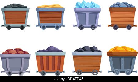 Minenwagen. Isolierter Wagen mit Edelsteinen, Goldbarren, Kohle und Steinen. Verschiedene Zwergschätze, Kohle- und Edelmetallbergbau. Industrieller Sapidvektor se Stock Vektor