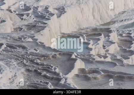 Pamukkale in Turkiye (Türkei) ist bekannt für seine Travertinterrassen und heißen Quellen Stockfoto