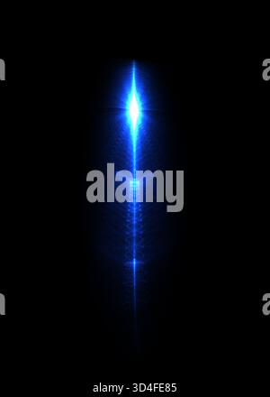 Blauer Plasma-Energiestrahl mit vertikal leuchtenden Wellen, isoliert auf schwarzem Hintergrund, symbolisiert Quantenteilchen, Hochenergiephysik und futuristisch Stockfoto