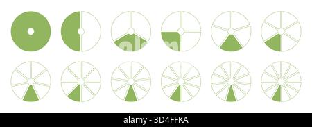 Geteilte Kreisdiagramme von 1 bis 12 gleichen Teilen. Segmente grünes Rad rund Infografik. Satz leerer Coaching-Vorlagen. Diagrammkuchen, Pizzaform Stock Vektor