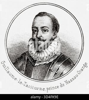 Portrait of Wilhelm the Silent (1533–1584) war der Anführer der niederländischen Revolte gegen die spanischen Habsburger, die den Achtzigjährigen Krieg (1568–1648) auslöste und 1648 zur formalen Unabhängigkeit der Vereinigten Provinzen führte. Antike Illustration von Emile Simon (1805-1886) aus dem historischen und malerischen Atlas, Universal History 1861 Stockfoto