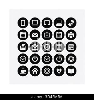 Ein Raster aus runden schwarzen Symbolen, die verschiedene Technologie-, Kommunikations- und Geschäftskonzepte mit einer gestörten Struktur darstellen. Stock Vektor