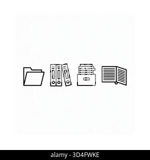 Eine minimalistische Strichgrafik-Illustration mit Symbolen für einen Ordner, Ordner, einen Aktenkasten und ein geöffnetes Buch oder Dokument. Stock Vektor