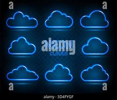 Ein Satz von acht digitalen Neonsymbolen auf schwarzem und blauem Hintergrund. Stock Vektor